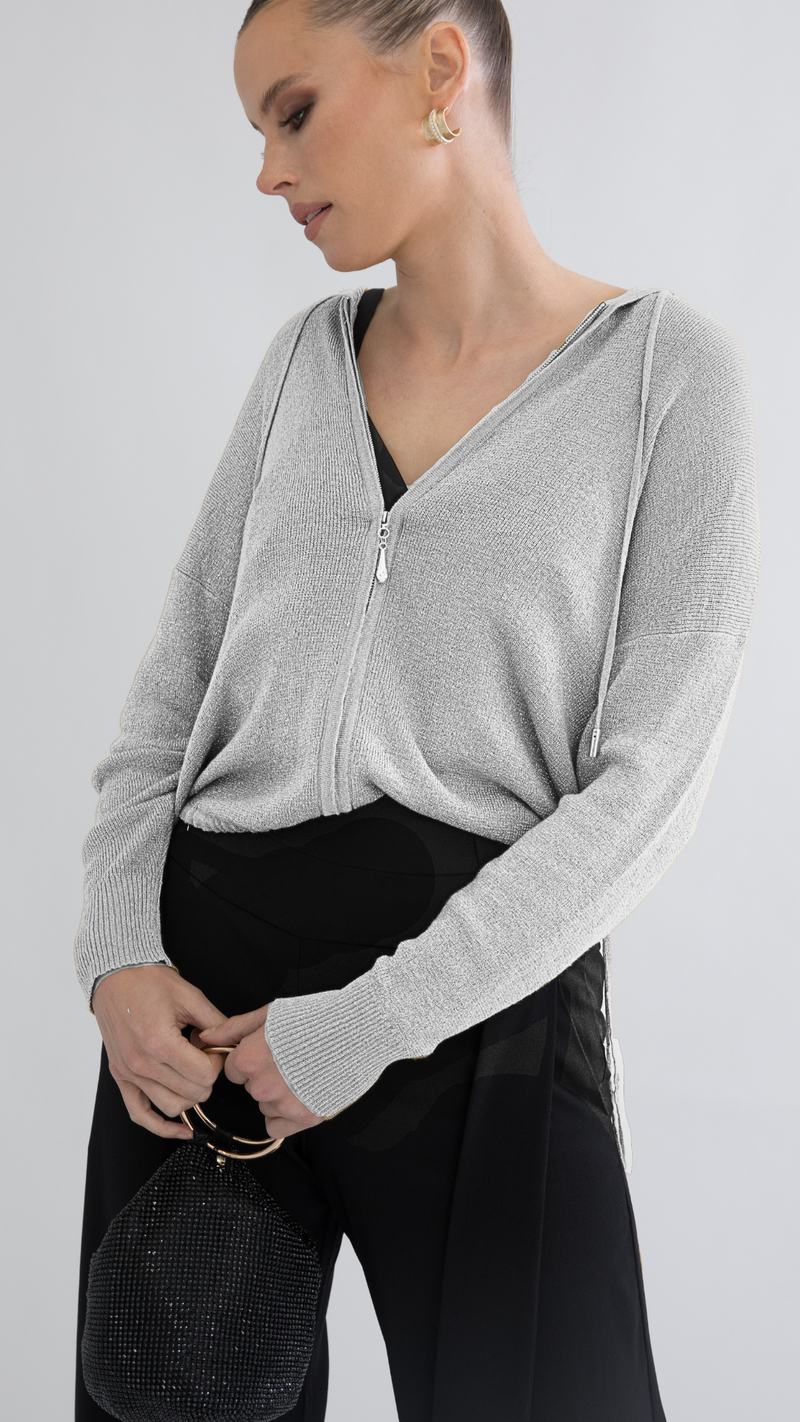 Luno Metallic Jacket With Hood - White & Silver metallic