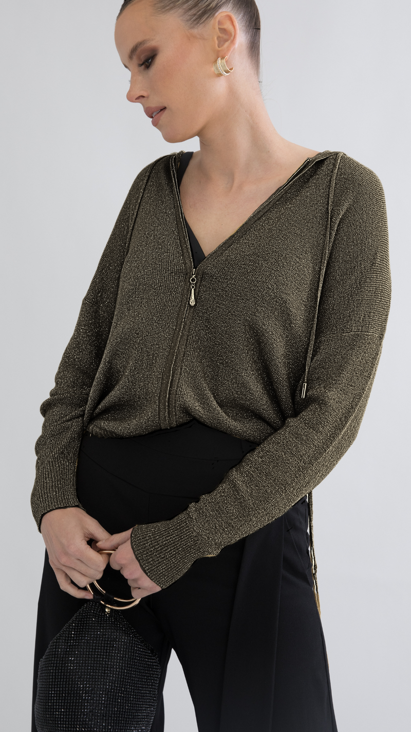 Luno Metallic Jacket With Hood - Black with Gold