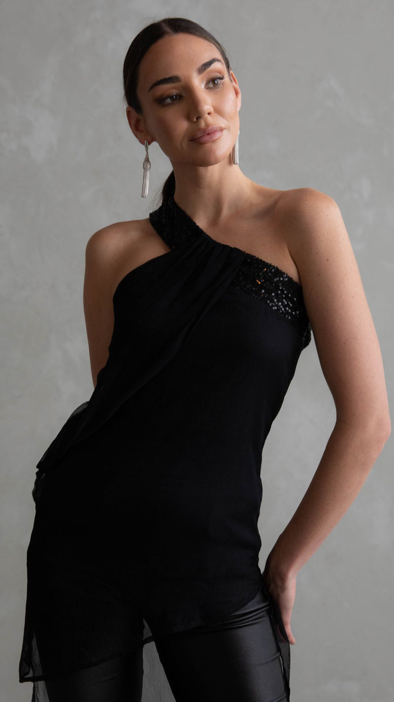 Vienna Sequin One Shoulder Top - Black