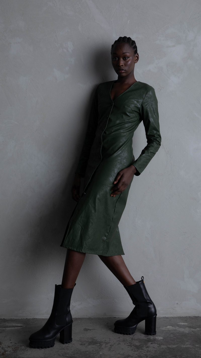 Harper Faux Leather Dress/Coat - Khaki