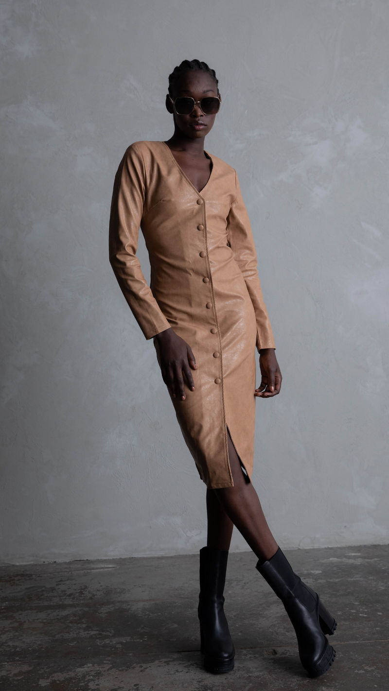 Harper Faux Leather Dress/Coat - Camel