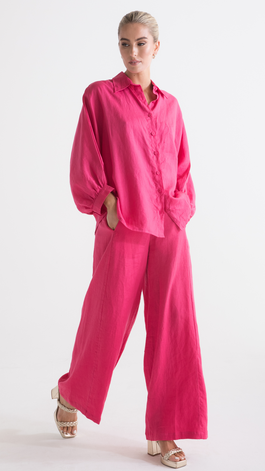Gramercy Metallic Linen Pants - Pink w/Lime