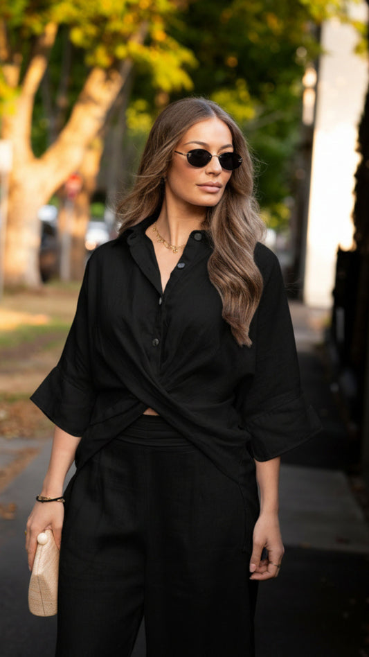 Max European Flax Linen Twist Shirt - Black