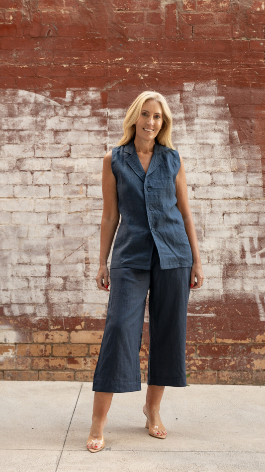 Morgan Linen Capri Pants - Navy