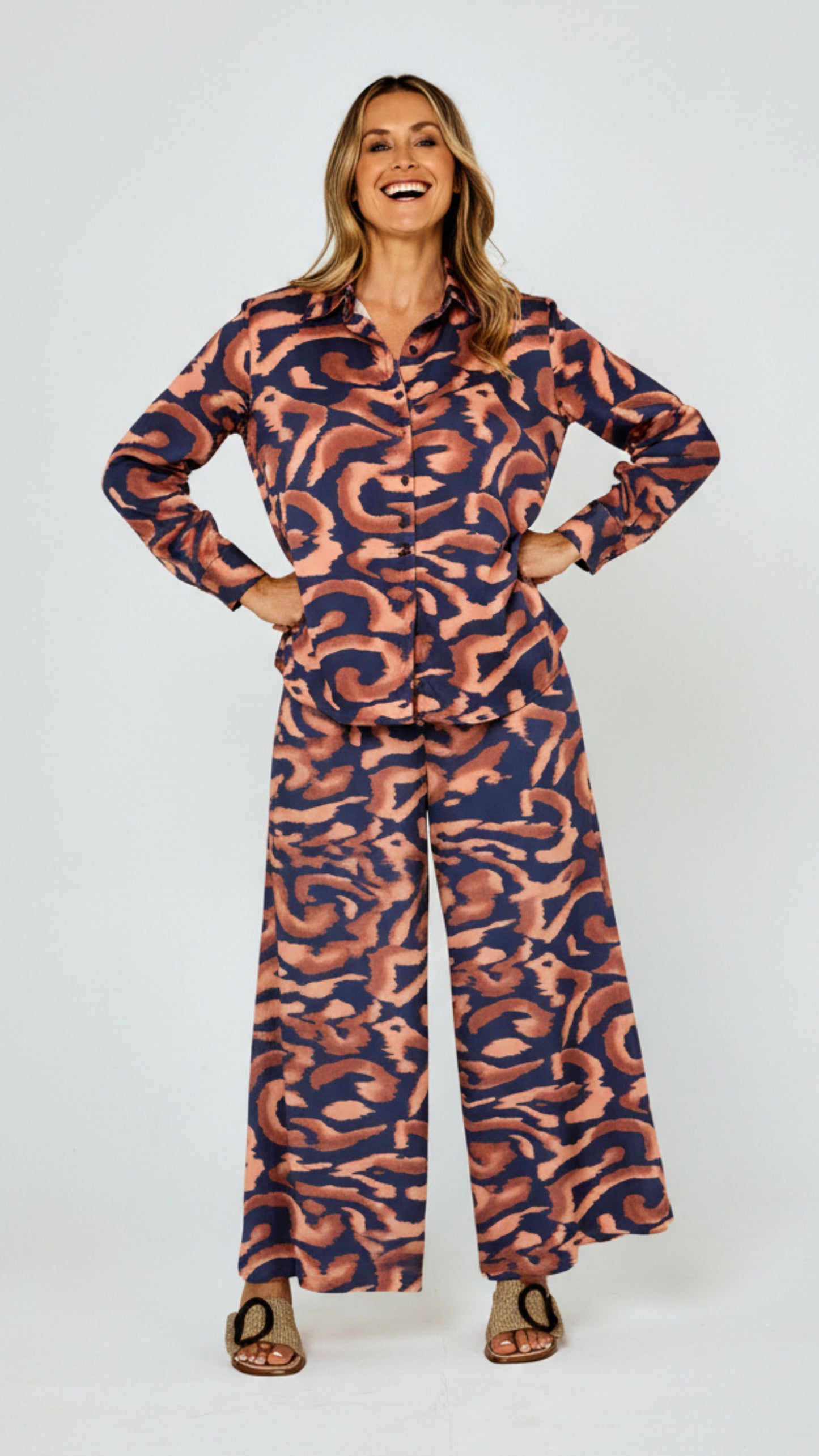 Amelia Rayon Pants - Navy and Brown Print