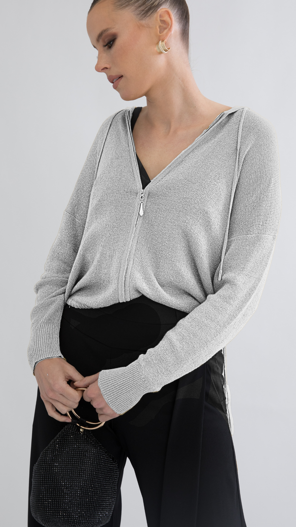 Luno Metallic Jacket With Hood - White & Silver metallic
