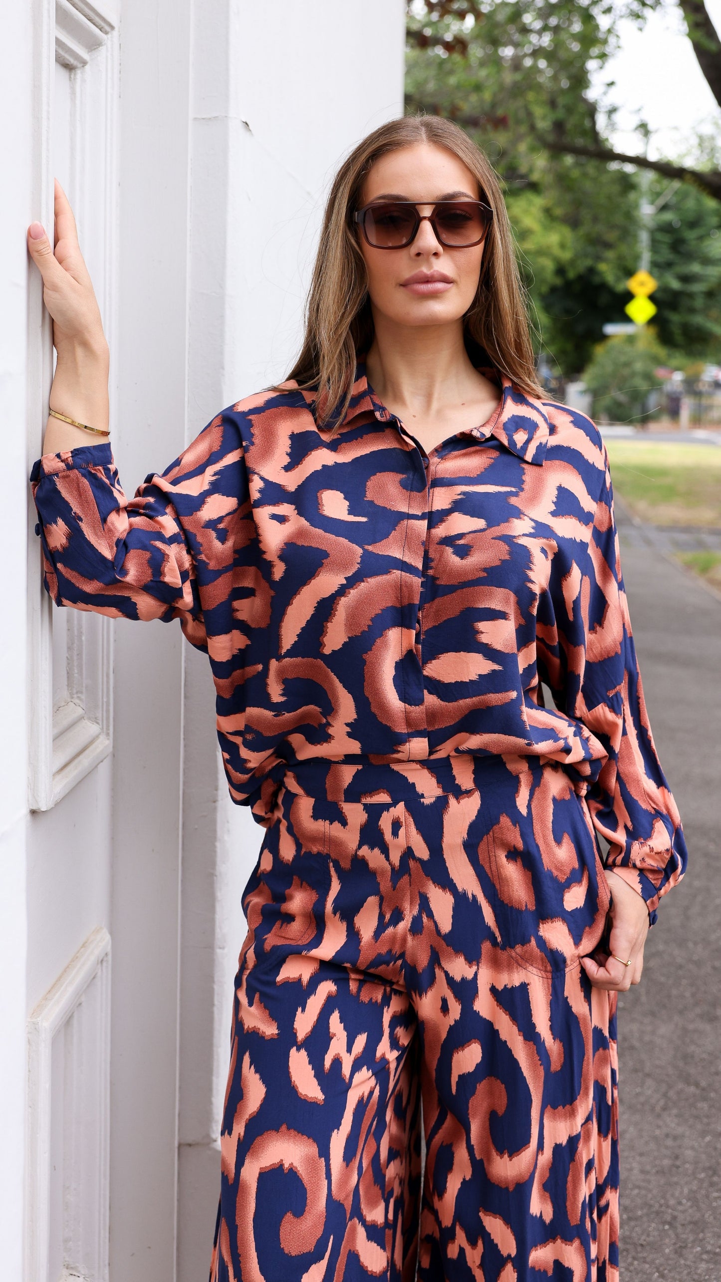 Amelia Rayon Shirt - Navy and Brown Print