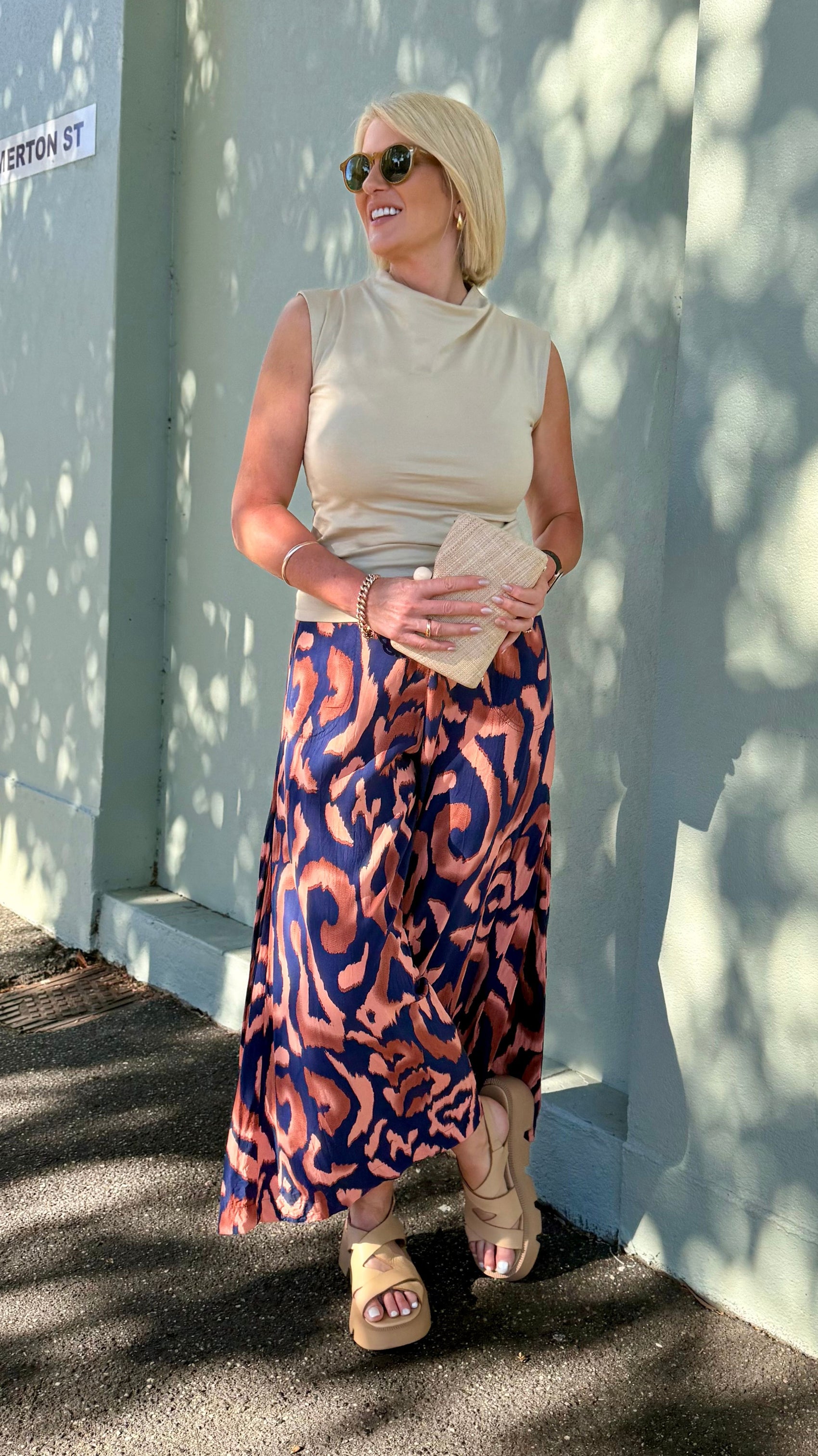 Amelia Rayon Pants - Navy and Brown Print