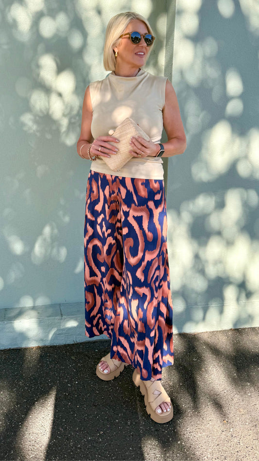 Amelia Rayon Pants - Navy and Brown Print