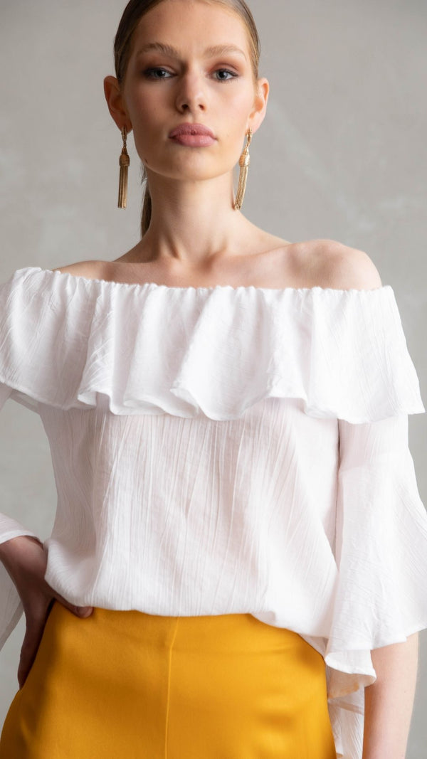 Hannah Cold Shoulder Ruffle Top - White