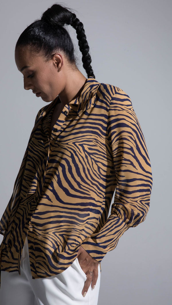Madena Shirt - Zebra Print Navy and Mustard