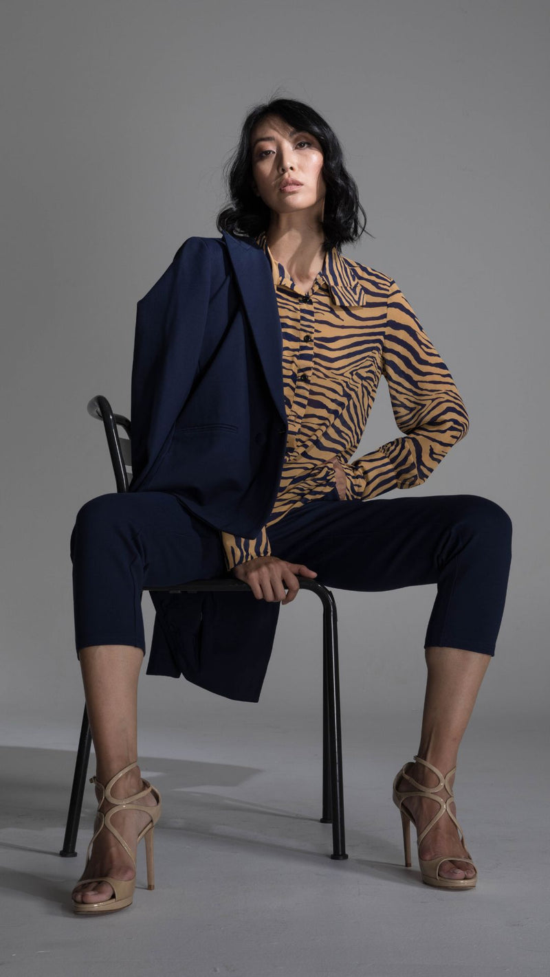Madena Shirt - Zebra Print Navy and Mustard