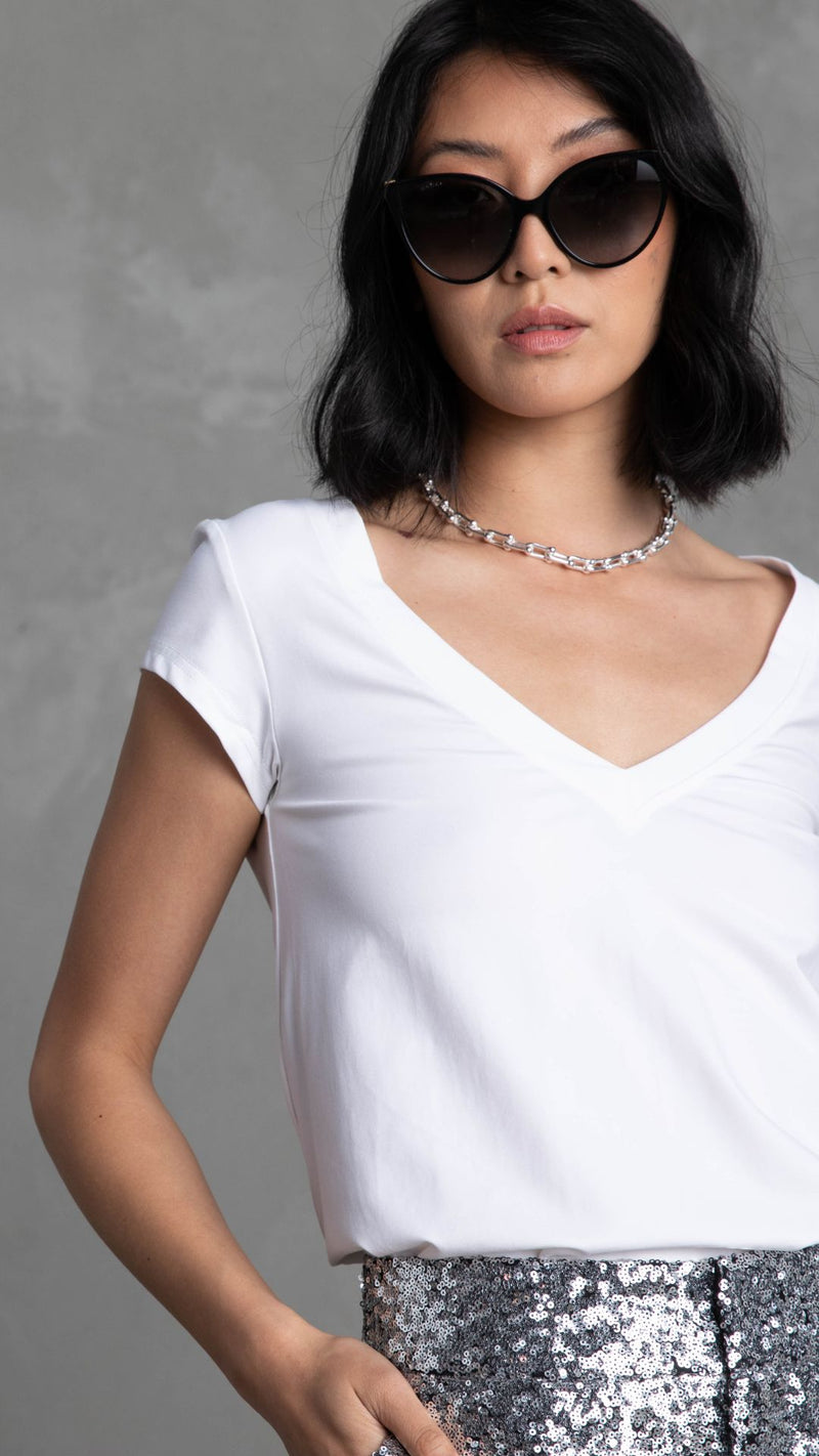 Preston V Neck Recycled Cotton/Bamboo Relaxed Tee - White