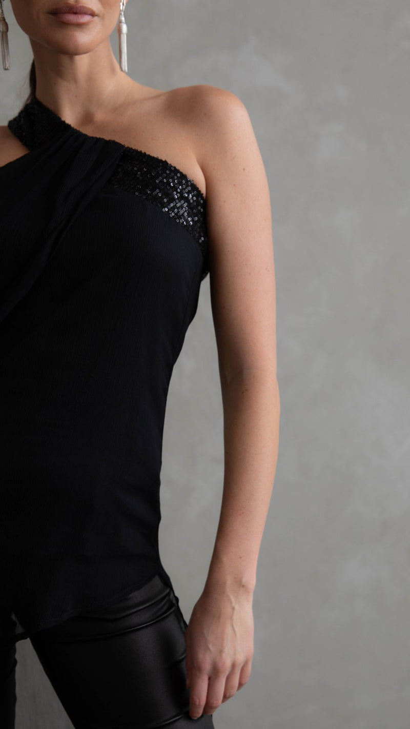 Vienna Sequin One Shoulder Top - Black