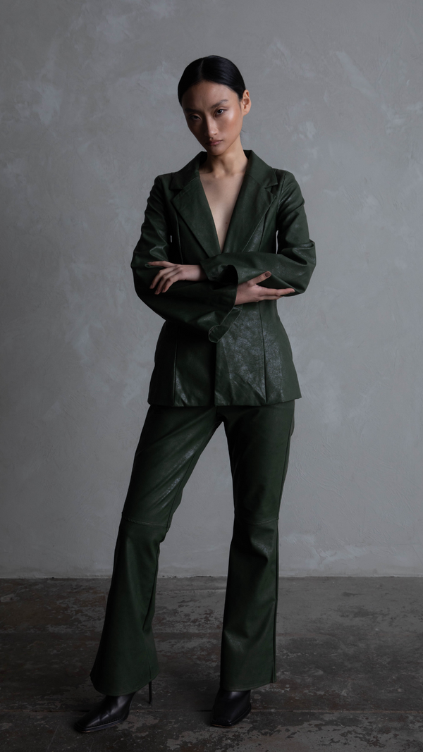 Amira Faux Leather Blazer - Khaki