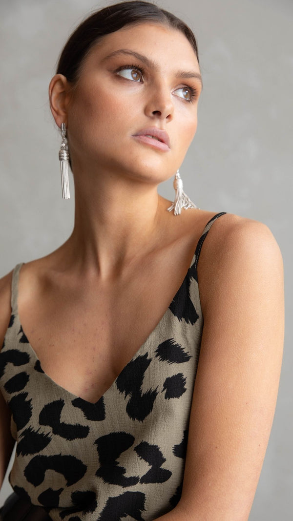 Crystal V Neck Cami - Army Green Print