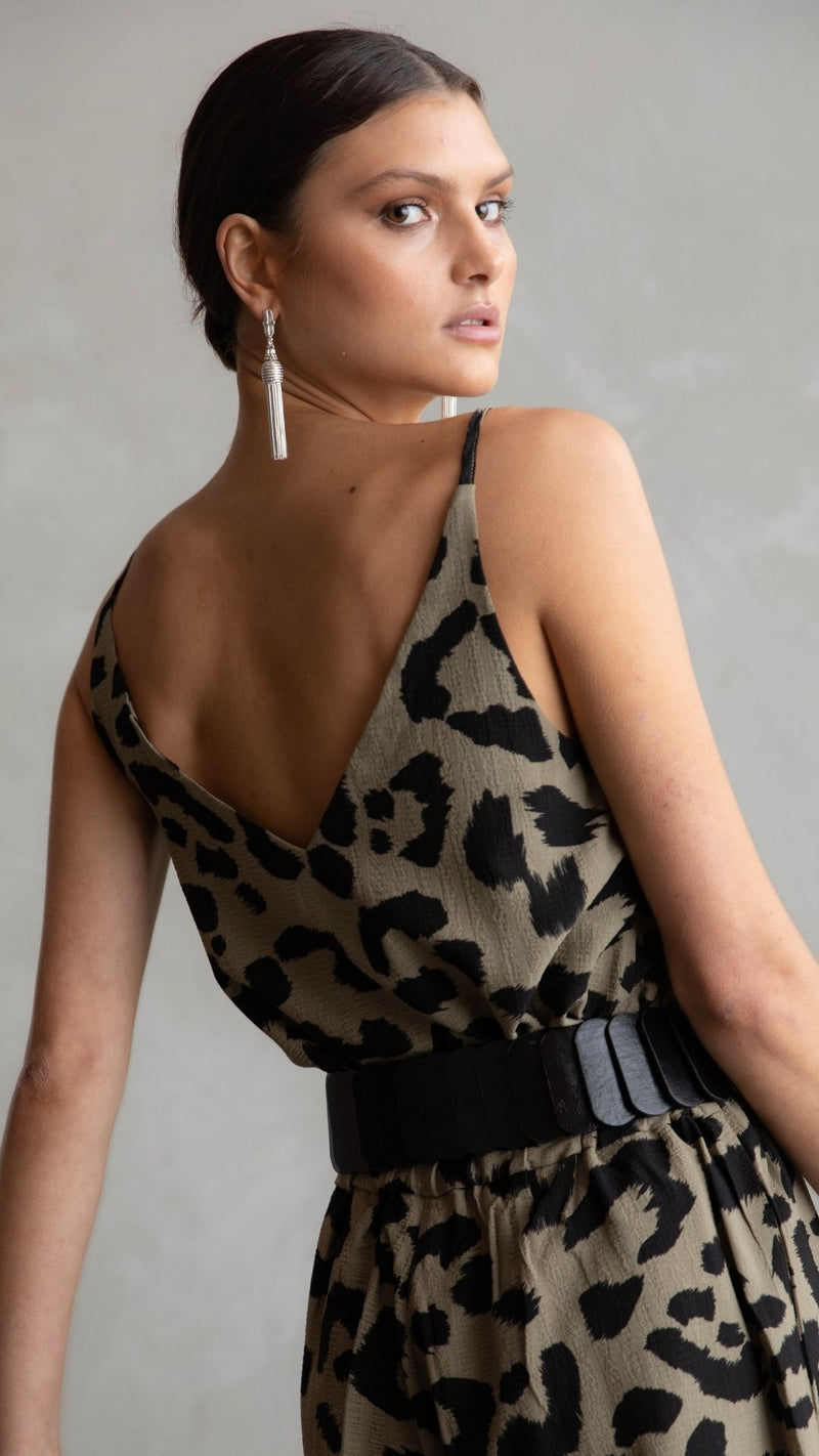 Crystal V Neck Cami - Army Green Print