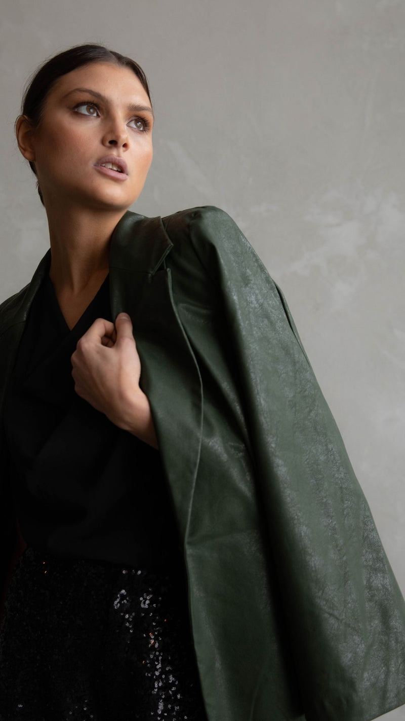 Amira Faux Leather Blazer - Khaki