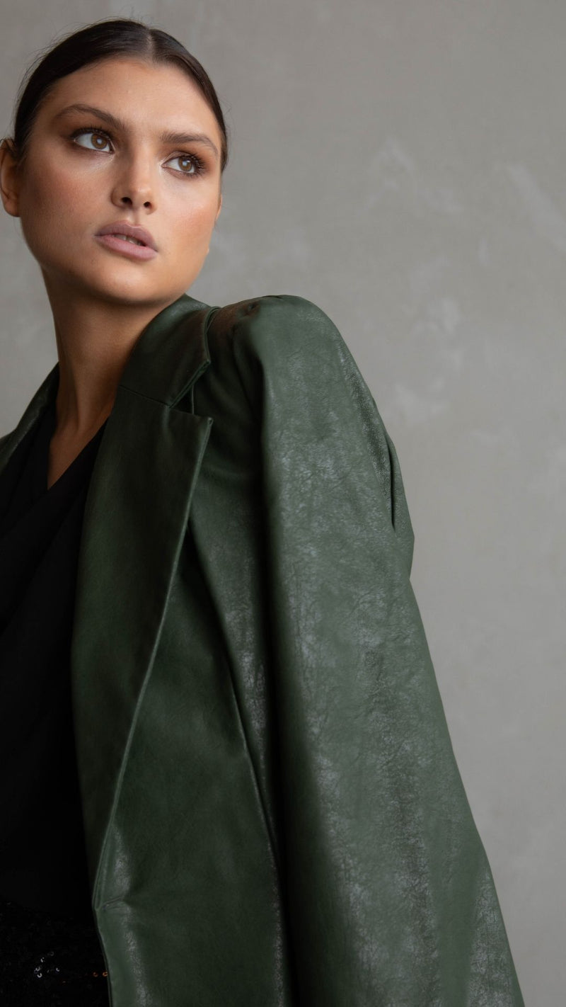 Amira Faux Leather Blazer - Khaki