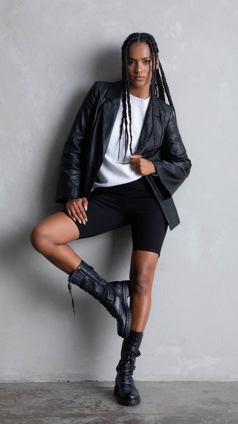 Faux leather black blazer sales
