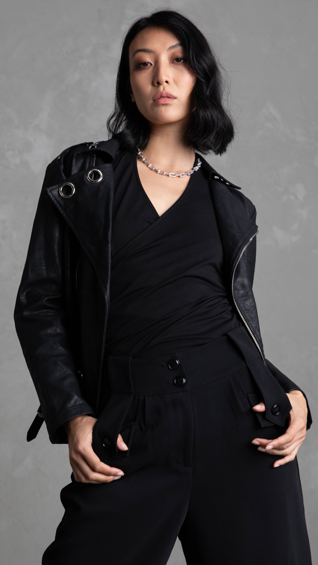 Sloan Faux Leather Eyelet Jacket - Black