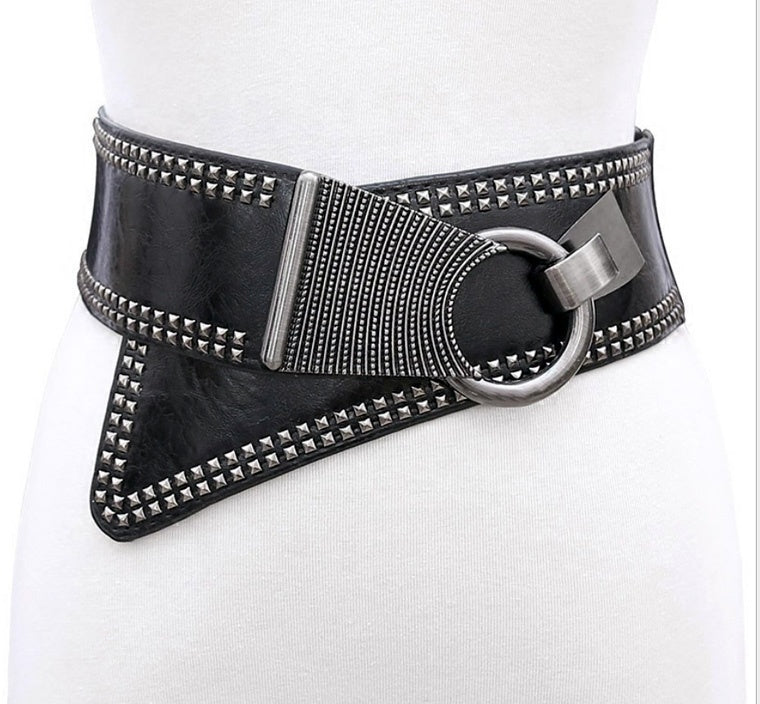 Miley Wide Elastic Belt With Metal Studs - Black
